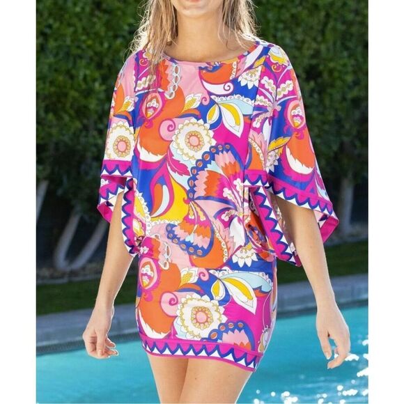 Trina Turk Sevilla Floral Swim Jersey Swimsuit Cover Up Tunic Dress L - Picture 2 of 8